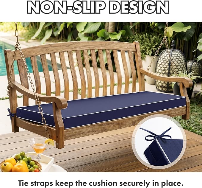 MIULEE Navy Outdoor Bench Cushion 42x18x3 Inch Waterproof 3-Year Color Fastness Patio Furniture Cushions for Porch Swing, Garden Bench Sofa Couch with Adjustable Ties No Slip Design