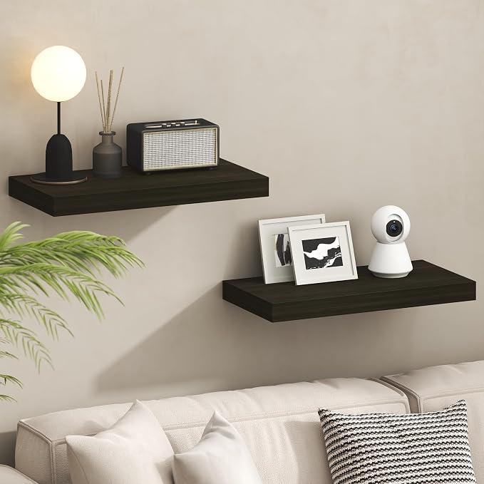 Furinno Tanna Floating Shelves for Wall Set of 2, 12 x 24 Wall Shelf, Wall Mounted Floating Shelf with Invisible Bracket, 2-Inch Thick, for Bathroom, Living Room, Bedroom, Home Office, Tobacco Oak