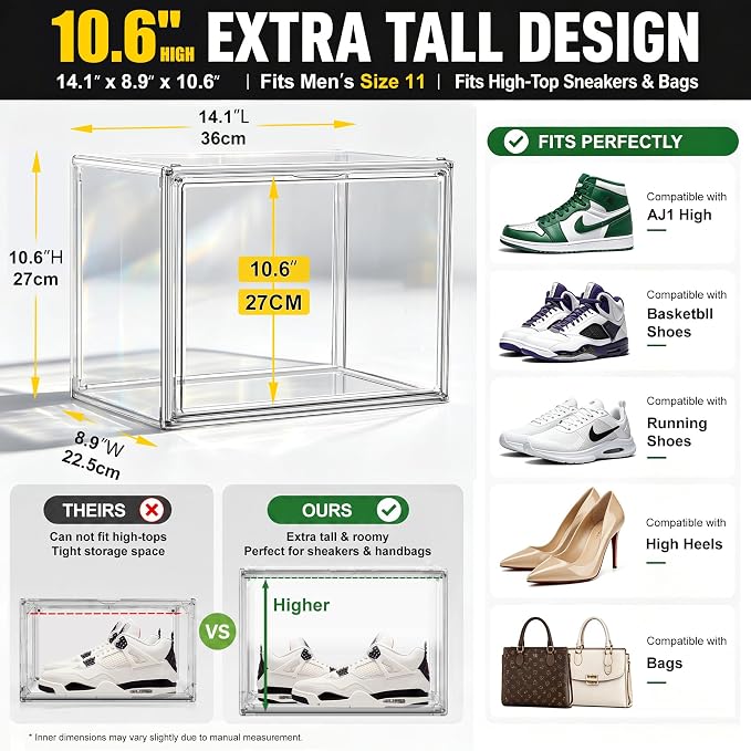 12 Pack Clear High-Top Sneaker Storage Boxes, Acrylic Shoe Organizer