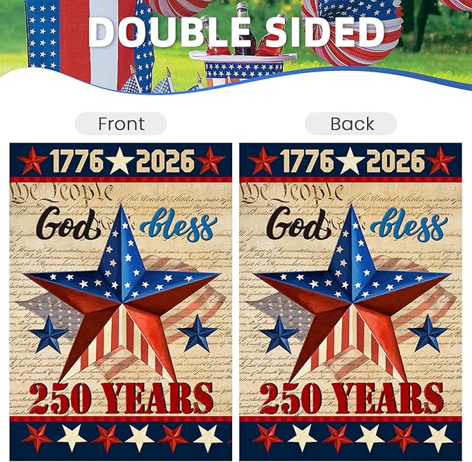 250 Anniversary USA Garden Flags for Outside, 4th of July 250th Years American Patriotic Banner, Blessing United States 12x18 Inch Double-Sided with Retro Star, 1776-2026 Yard Merchandise Decoration