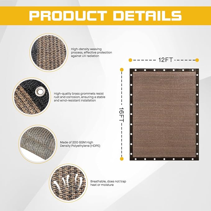 12'x 16' Sun Shade Cloth with Bungee Balls, Mocha Outdoor Pergola Shade Cover with Grommets, 90% UV Block Privacy Screen for Patio, Garden, Backyard