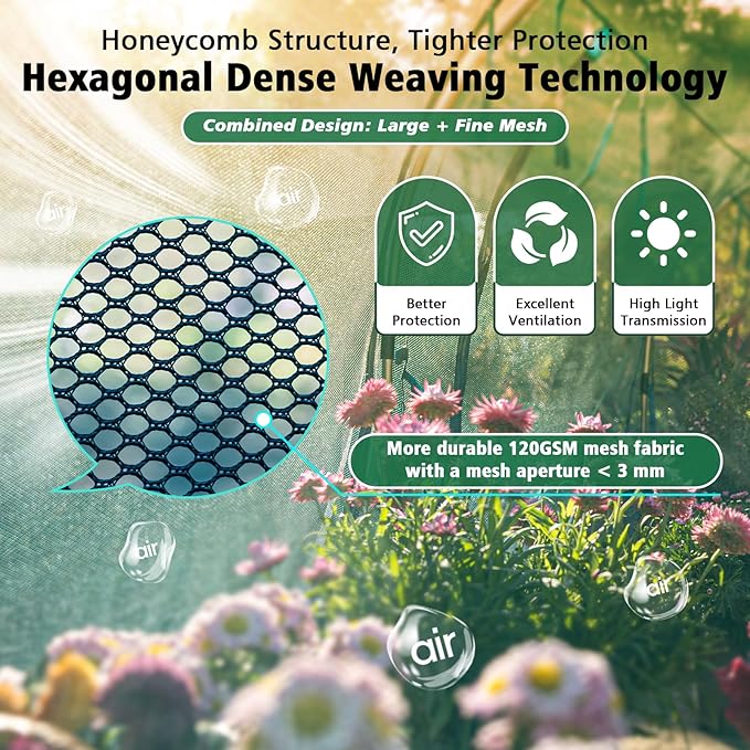 148x49x49inch Crop Cage Portable Tunnel Plant Netting Cover Tomato Netting, 4 Roll-Up Zipper Door Garden Cage, Bug Netting Cover for Vegetables & Fruits, Durable Raised Garden Bed Covers