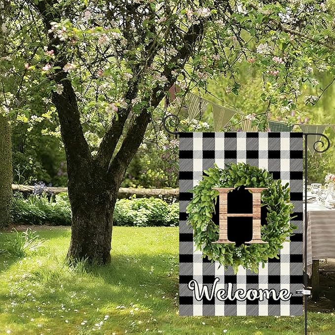 Baccessor Monogram Letter H Garden Flag 12.5 x 18 Inch, Buffalo Plaid Family Last Name Initial Boxwood Wreath Welcome Vertical Double Sided Small Flags for Outdoor Outside Decoration