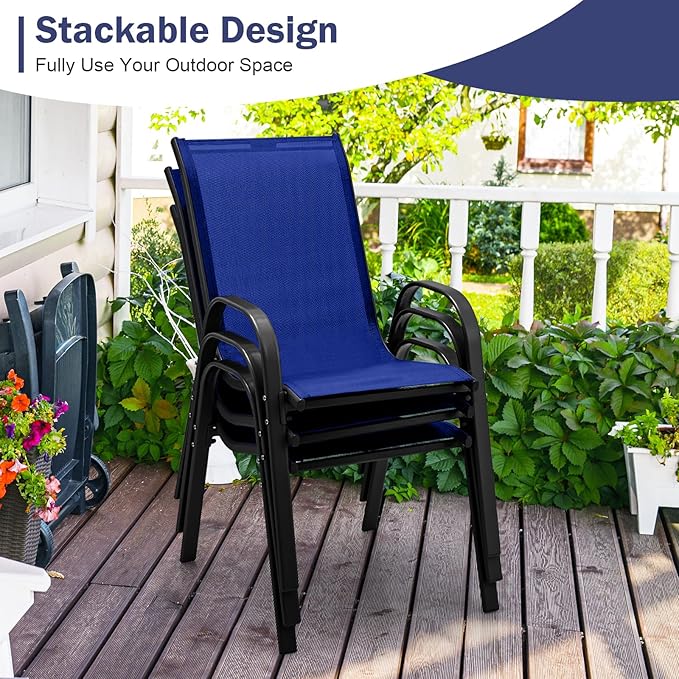 MEDIMALL Patio Chairs, Stackable Patio Chairs Set of 4, Blue Lawn Chairs with Armrest & Breathable Fabric for All Weather, Outdoor Dining Chairs for Yard, Poolside, Balcony, Garden