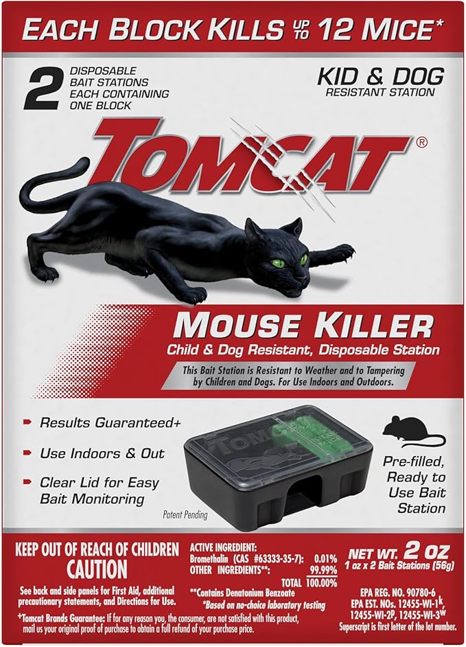 Tomcat Mouse Killer, Child & Dog Resistant, Disposable Station, 2 Stations | Indoor/Outdoor Use, Easy Monitoring, 2 Pre-Filled Bait Stations