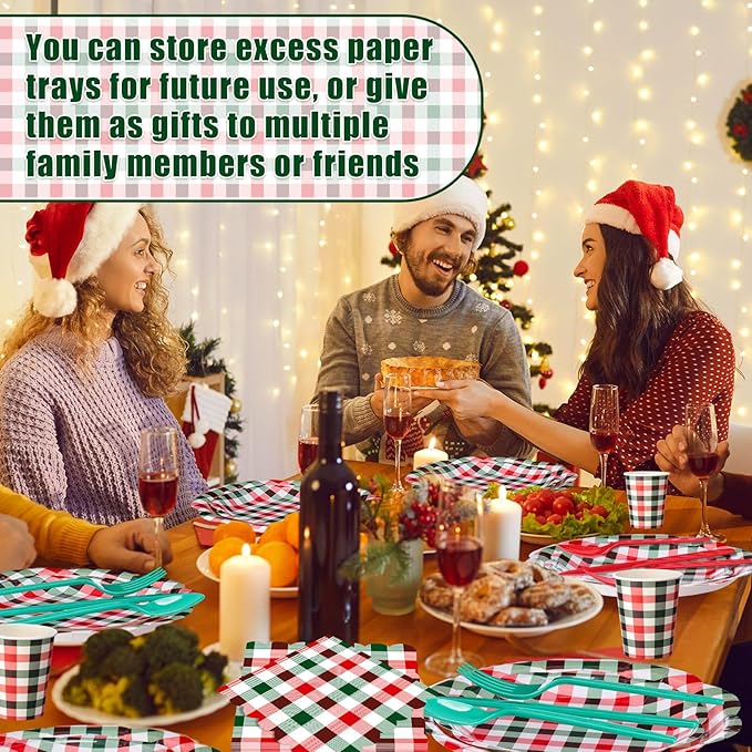 Funnymoom 400 Pcs Christmas Party Supplies for 50 Guests Gingham Paper Plates and Napkins Knives Spoon Fork Cup Disposable Checkered Dinner Party Cutlery for Baby Shower Wedding Favor (Red and Green)