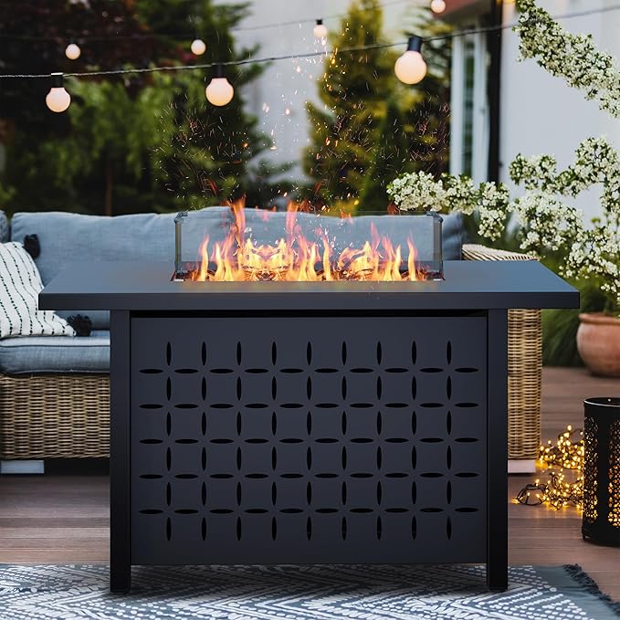 Vongrasig 8 Pieces Patio Furniture Set with 43" Fire Pit, Outdoor Couch Sectional Set, Small Conversation Set, 50,000 BTU Gas Fire Pit Propane Fire Table with Lid, Glass Wind Guard, Red