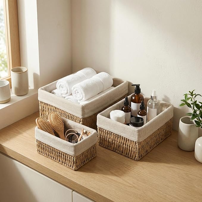 Wicker Storage Baskets Set of 3, Bathroom & Shelf Bins | Paper Rope Baskets with Removable Linen Liner Nesting Small/Medium/Large Organizer Bins for Pantry & Closet, Countertop