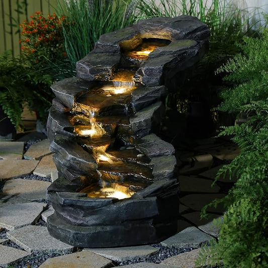 Sunlinua 49" L Water Fountain Outdoor 5-Tiers Rock Natural Waterfall Fountains Floor Standing Water Features with LED Lights for Garden, Patio, Porch, Home Art Decor