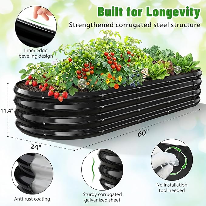 Oval Raised Garden Bed, 5 x 2 x 1FT, Galvanized Steel Planter Box with Wave-Shaped Metal Panels Painted for Outdoor Flower,Tree,Herb & Vegetable Garden (Black, 60X24X12 inches)