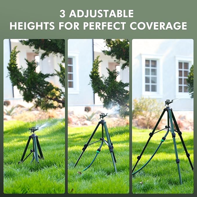 RESTMO 2 Pack Tripod Base Zinc Impact Sprinkler, 360° Rotating & 3-Height Adjustable Tripod, Heavy Duty Full Metal Sprinkler for Agriculture and Large Yard Irrigation