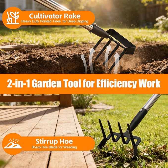 2-in-1 Heavy Duty Garden Hoe with 60" Adjustable Handle, Stirrup Hoe & Cultivator Weeding Rake - Lightweight Gardening Tool for Fast Weed Removal, Cultivating & Loosening Soil, Stainless Steel