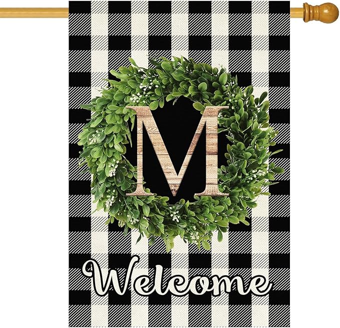 Baccessor Monogram Letter M Garden Flag 28 x 40 Inch, Buffalo Plaid Family Last Name Initial Boxwood Wreath Welcome Vertical Double Sided Large Flags for Outdoor Outside Decoration