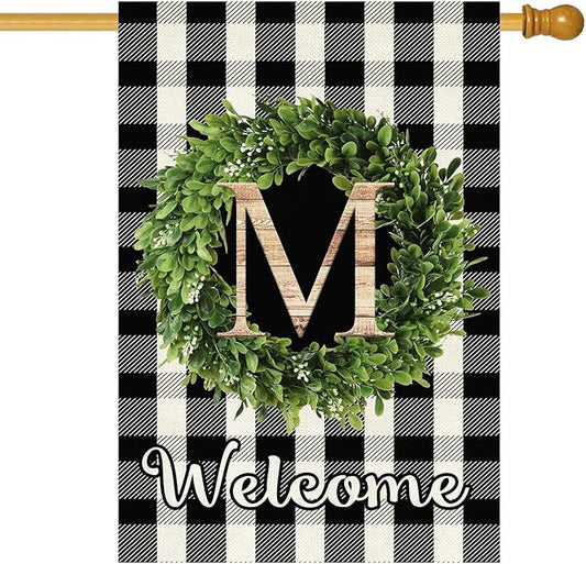 Baccessor Monogram Letter M Garden Flag 28 x 40 Inch, Buffalo Plaid Family Last Name Initial Boxwood Wreath Welcome Vertical Double Sided Large Flags for Outdoor Outside Decoration