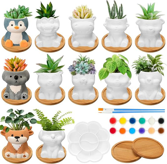 Hushee 12 Sets Ceramic Succulent Planters Paintable Succulent Plant Pots Small DIY Figurines Unpainted Pots with Drainage Hole Color Paints Paintbrushes Palettes