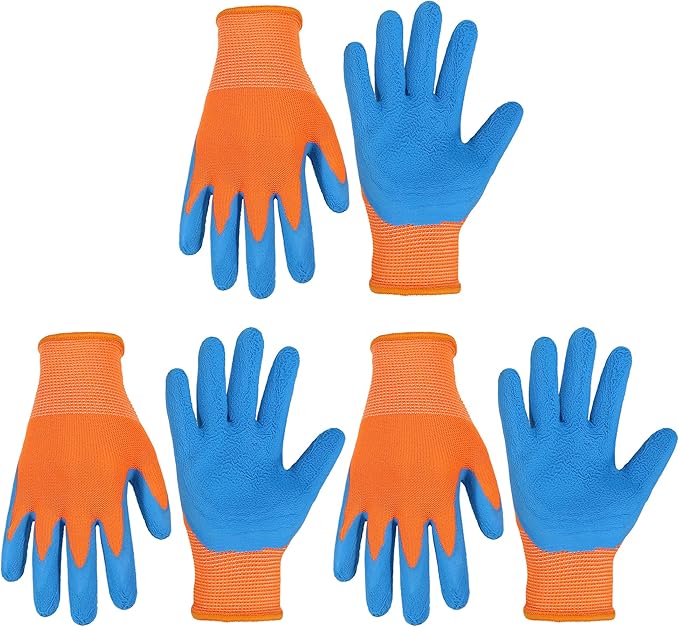 HANDLANDY 3 Pairs Kids Gardening Gloves, Micro-Foam Coated Children Toddler Garden Yard Work Gloves for Little Girls Boys (Size M, Blue Orange)