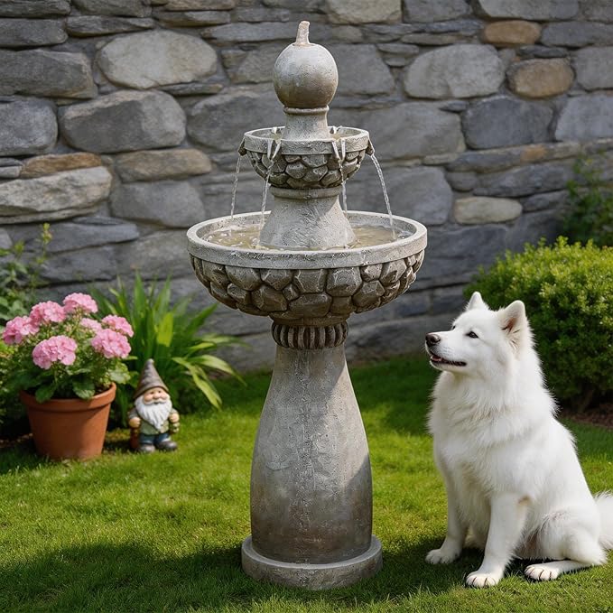 Sunlinua 46.5H 3-Tier Outdoor Water Fountain with LED Lights Italian Resin Garden Fountain for Patio Yard Weather-Resistant Cascading Waterfall Feature with Quiet Pump Elegant Backyard Décor Gray