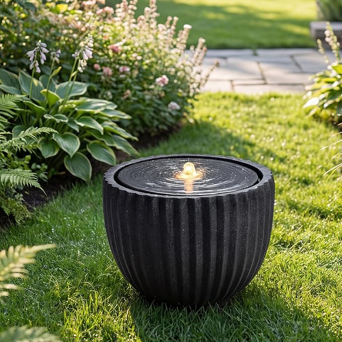 Giantex 18" Round Outdoor Water Fountain with 6 LED Lights, Stone Gray Resin Sphere Waterfall Feature with Adjustable Pump, Lighted Bubbling Fountain for Garden Patio Porch Decor (17.5" Dia. x 14" H)