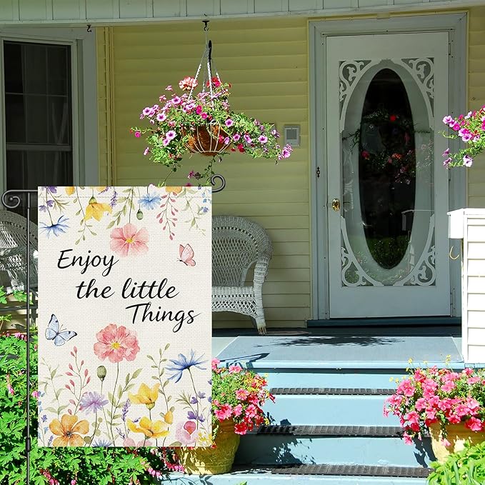 Louise Maelys Spring Garden Flag Enjoy The Little Things Butterfly Watercolor Flower Double Sided 12x18 Inch Floral Seasonal Welcome Small Burlap Holiday Yard Sign Outdoor Decor