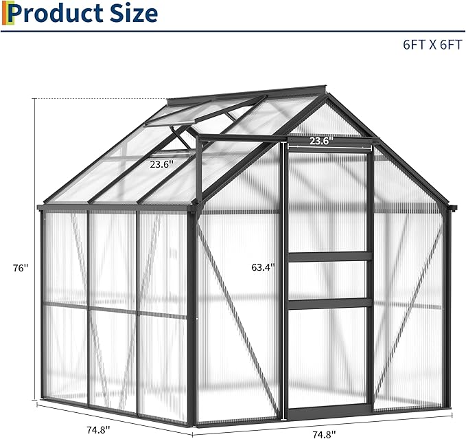 GarveeHome 6x6 FT Walk-in Polycarbonate Greenhouse - Heavy Duty Aluminum Frame with Base Kit, 4mm Double-Wall UV Protected Panels, 5-Position Adjustable Roof Vent & Sliding Door, Winter Plant House