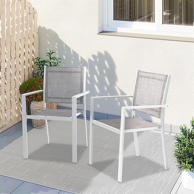 Patio Dining Chairs, All-Weather Textilene Outdoor Dining Chair Set of 4, Heavy-Duty Stackable Minimalist Outdoor Chairs with Armrest, Patio Chairs for Lawn Deck Pool, Grey and White