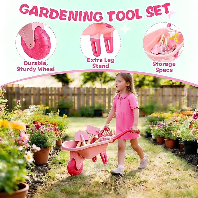 Kids Gardening Tools Set with Wheelbarrow, Wooden & Metal Outdoor Gardening Toys for Summer Outdoor Yard Digging & Weeding, Easter Birthday Gifts for Boys Girls Age 3+ Years (Pink)