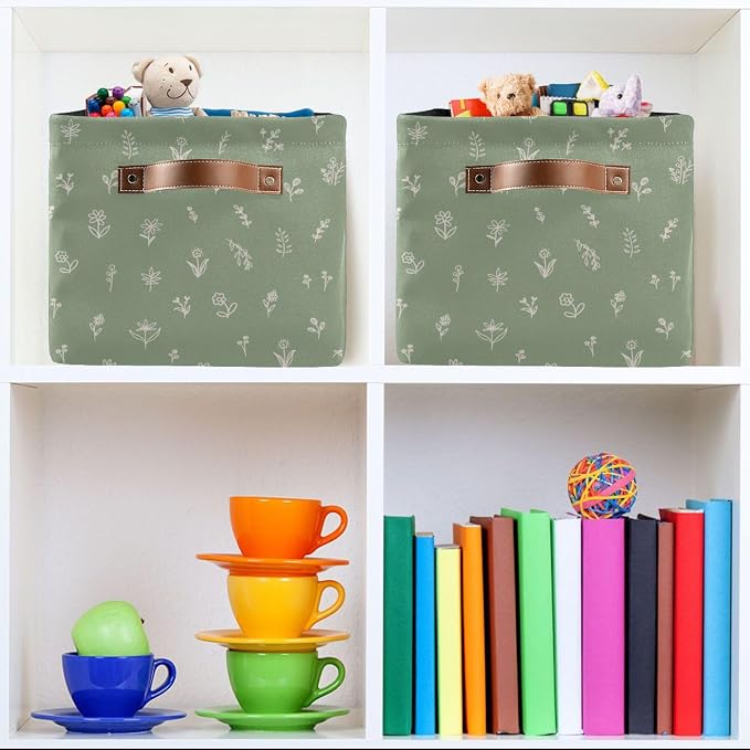 Wamika Sage Green Leaves Storage Basket with Waterproof Liner and PU Handles Floral Doodle Pattern Storage Bins Boxes 14.2" Collapsible Decorative Organizer Baskets for Bedroom Closet Office 2 Pack
