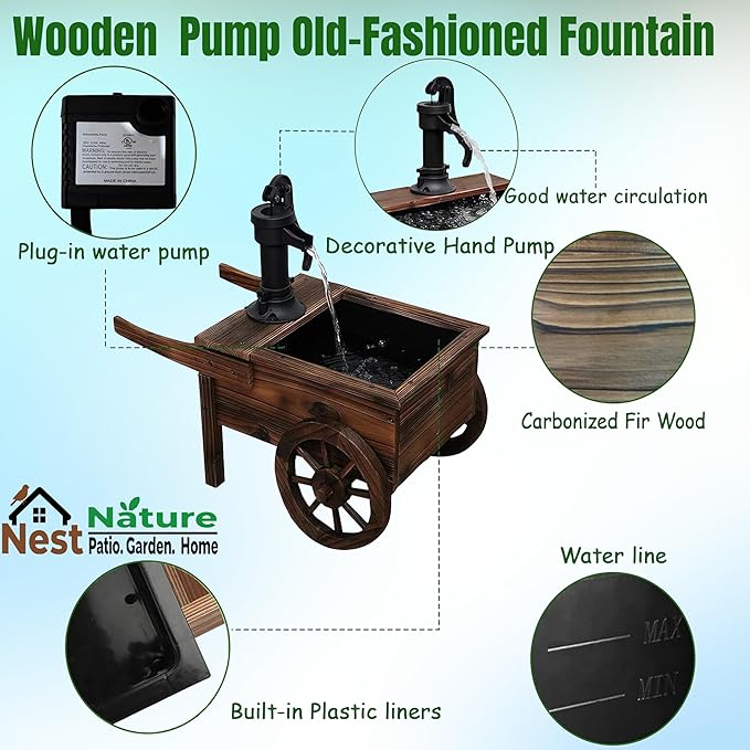 NestNature Outdoor Water Fountain,Wooden Wagon Wheel Pump Old-Fashioned Fountain,Electric Decorative Hand Pump, Outdoor Water Feature for Patio, Garden & Indoor Decoration