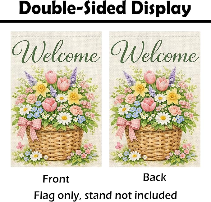 Heyfibro Welcome Spring Floral Basket Garden Flag 12x18 Inch Double Sided Spring Tulip Daffodil Garden Flag Small Yard Flags for Outside House Farmhouse Seasonal Outdoor Decorations