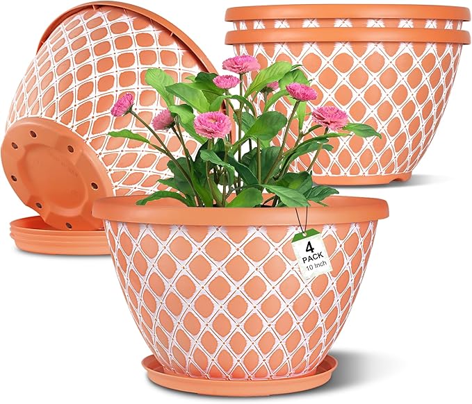 Nooulap 4 Pack 10 Inch Flower Pots with Drainage, Plastic Planters for Indoor Outdoor Plants, Orange Lattice Design Plant Pots for Balcony Patio Porch Garden Decor