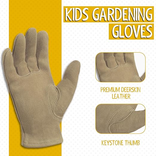 HANDLANDY Kids Genuine Leather Gardening Gloves for age 2-9, Children Work Gloves for Boys, Girls, Toddlers (Khaki, L)