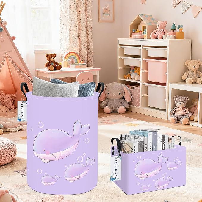 Round Purple Whale Laundry Hamper, Storage Basket for Adults and Kids
