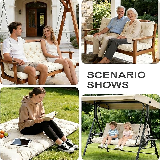 Porch Swing Cushions,Outdoor Cushions 3 Seater Replacement with Backrest, Waterproof Thickened Bench Cushion with Ties for Porch, Patio,Outdoor, Backyard and Garden (Cream 60 * 40 in)