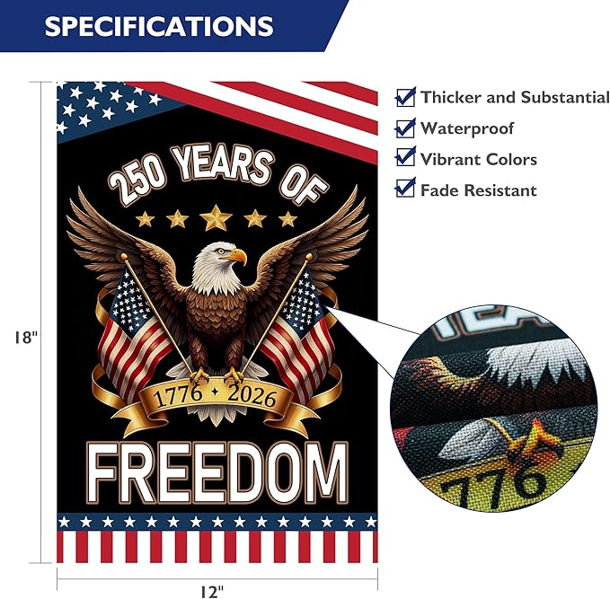 250th Anniversary America Garden Flag, 250 Years of Freedom USA Flag with Eagle Design Patriotic Banner Double-Sided Garden Flag