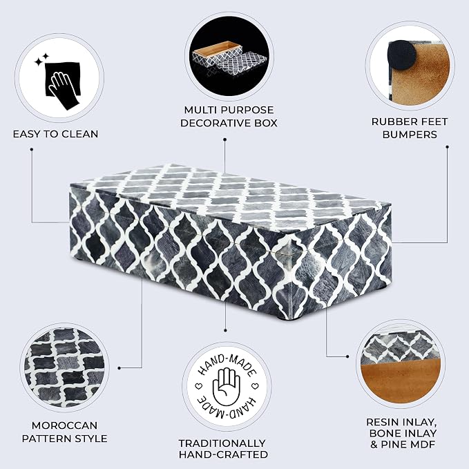 Handicrafts Home Decorative Storage Box with Lid, Moroccan Coffee Table Storage Box Organizer, Wooden Keepsake Jewelry Box, Decorative Desk Console Storage Box, Gray, 10 x 4.5 x 2.5