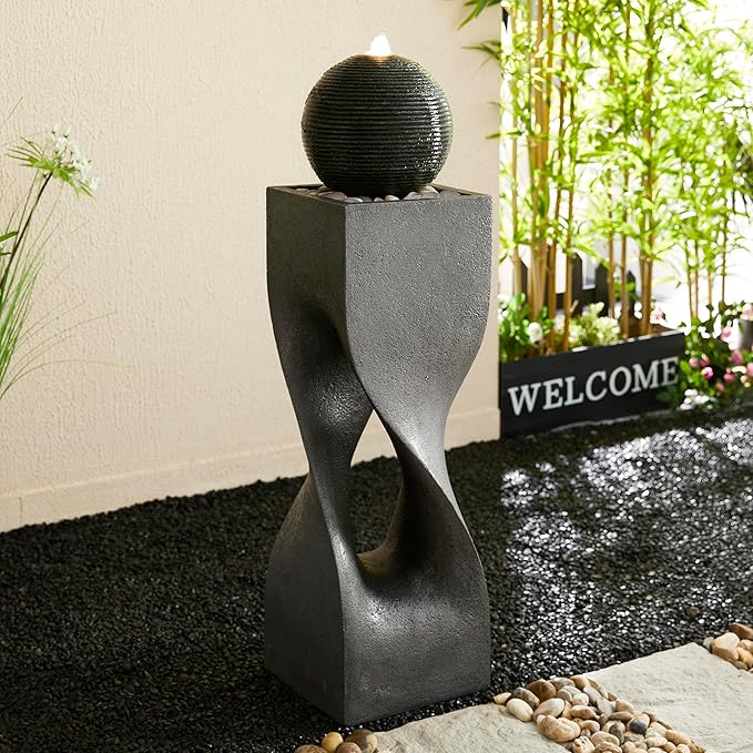 Glitzhome Outdoor Water Fountain, 40.5" H Modern Geometric Pedestal and Sphere Polyresin Outdoor Fountain, Garden Fountain Waterfall with Pebbles, Pump and LED Light for Patio, Backyard, Porch, Deck