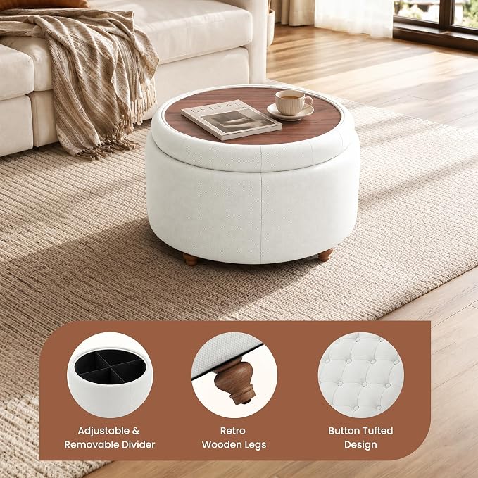 25" Round Ottoman with Storage, Small Coffee Table with Reversible Tray Lid | Tufted Fabric Round Storage Ottoman with Solid Wood Legs, 3-in-1 Footrest for Living Room, Bedroom, Entryway, Beige