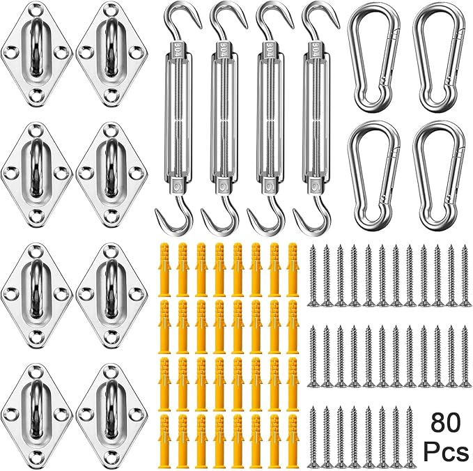 Duerer Sun Shade Sail Hardware Kit 80pcs for Rectangle Triangle Sun Shade Sails Canopy Installation 304 Stainless Steel Accessories Set for Outdoor Garden Patio (4 * 6inch M6 Turnbuckles)