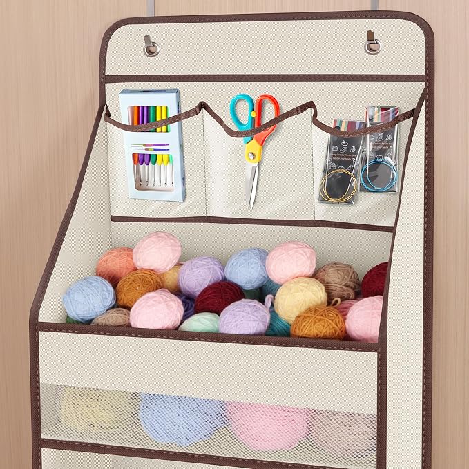 Univivi Fabric Over Door Hanging Organizer for Baby Nursery, Beige, 5-Shelf