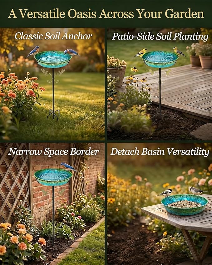 35" Metal Bird Bath for Outside Standing Metal Bird Bath Stake in Ground Iridescent Blue Green Birdbath with Scientifically Designed Color Lure for Birds 12" Detachable Bowl for Garden Patio Yard
