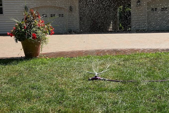 Dramm ColorStorm 3 Arm Whirling Sprinkler on 6" Wheeled Heavy Duty Metal Base, for Lawn, Yard, Garden and Large Area, Red, 70 Ft Diameter Reach