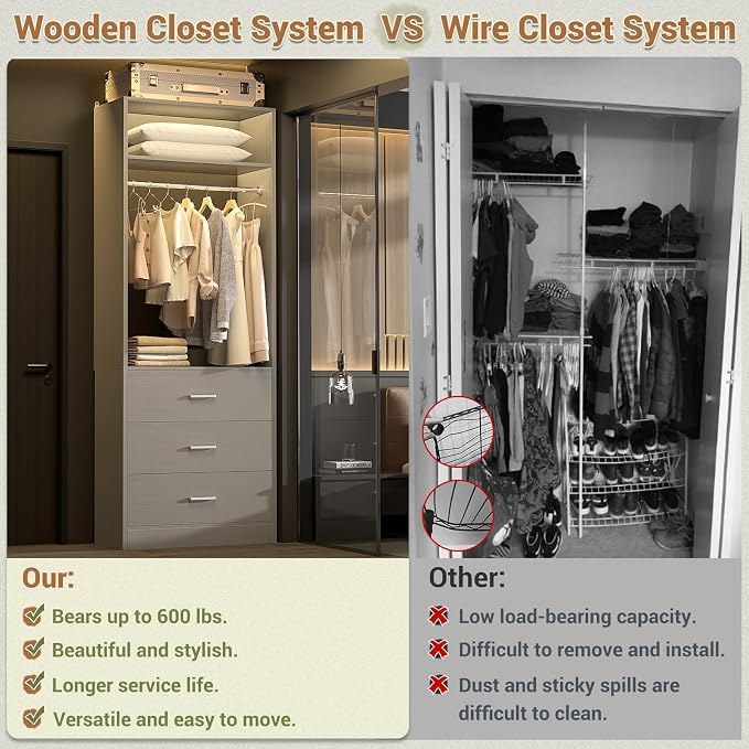 Besiost Freestanding Closet System with 3 Drawers,Wood Closet Organizer