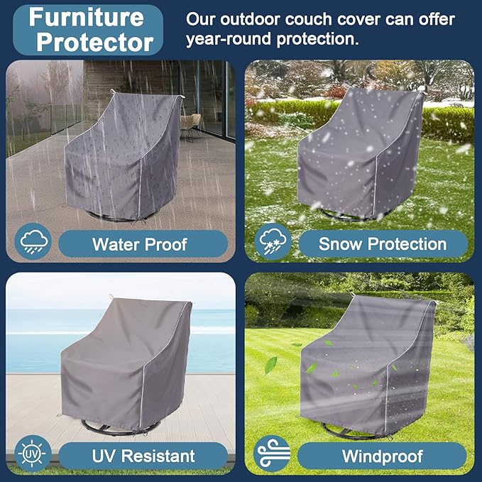 Outdoor Garden Furniture Chair Covers (29” W x 34” D x 35” H) Patio Rocking Chair Covers, Outdoor Swivel Chair Cover, with White Pull Tabs for Easy Use and Storage (2 Pack, Grey)