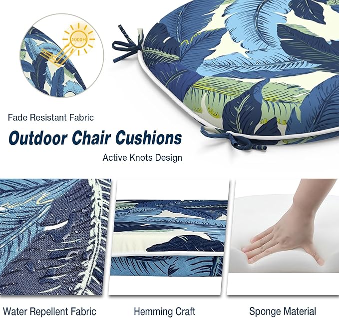 Outdoor Chair Cushions Set of 2, Water Resistant Patio Chair Pads with Ties, Seat Cushions for Home Garden Furniture Decoration, 16"x17", Swaying Palms Blue
