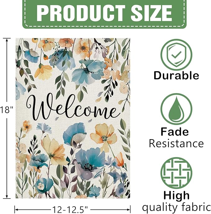 Dyrenson Welcome Spring Summer Floral Theme Decorative Garden Flag, Watercolor Poppy Flower Botanical Yard Outside Home Decoration, Seasonal Burlap Outdoor Small Decor Double Sided 12 x 18