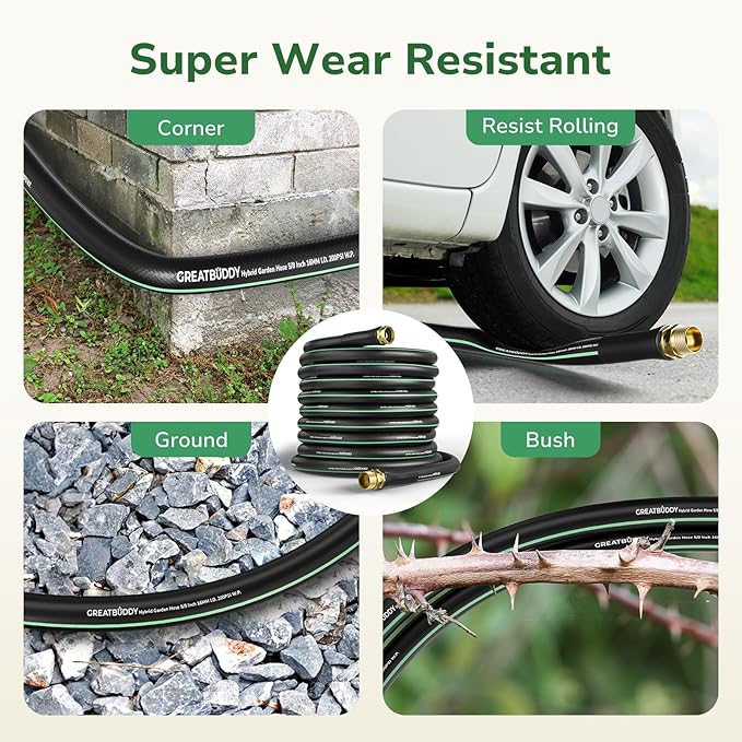 GreatBuddy 100 ft Garden Hose, Flexible Rubber Water Hose 5/8", Heavy Duty, Lightweight Hose, Burst 600 PSI with Solid Brass Male to Female Fittings, Leakproof Hose for Backyard, Garden