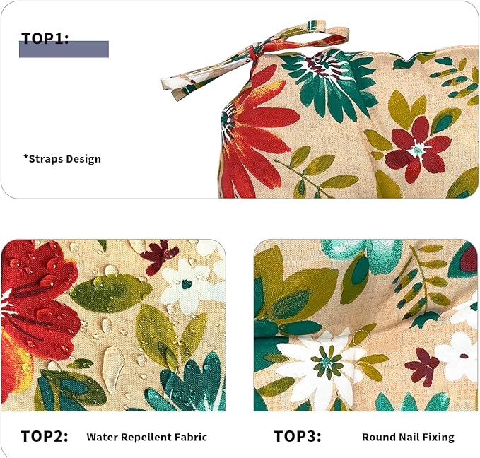 DYTXIII Set of 2 Outdoor Chair Cushions 19"x19"x4", Water Repellent Tufted Patio Seat Cushions with Ties, Thick Replacement Pads for Wicker Dining Chairs, Patio Furniture, Flower Multi