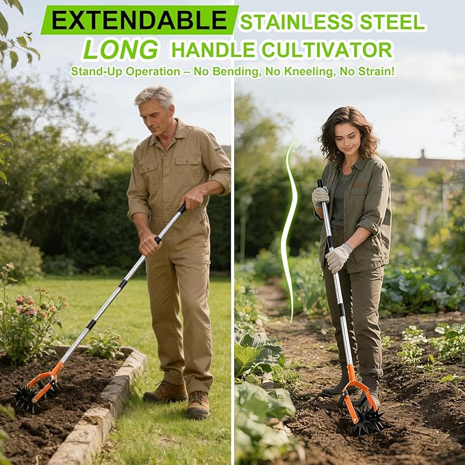 Rotary Cultivator Garden Rotary Tiller with Adjustable Stainless Steel 43"-72" Long Handle,Heavy Duty Hand Rolling Tiller Tines Garden Tool for Aerate