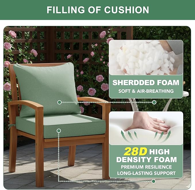 Summsun Outdoor Cushions for Patio Furniture, Faux Linen Water Resistant Backrest and Seat Cushion Set with Removable Cover, Ties, Non-Slip Bottom, 19 x 19 Inch, Sage Green, Set of 4
