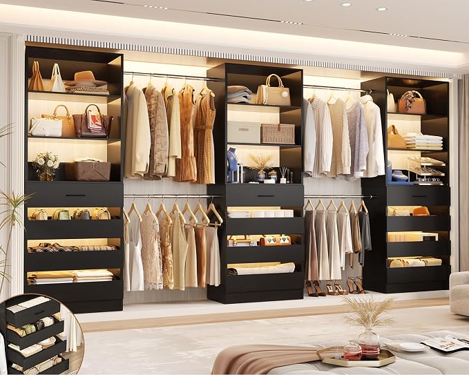 Aheaplus Closet System with 12 Drawers, 8.5-11.5Ft Wood Closet Organizer